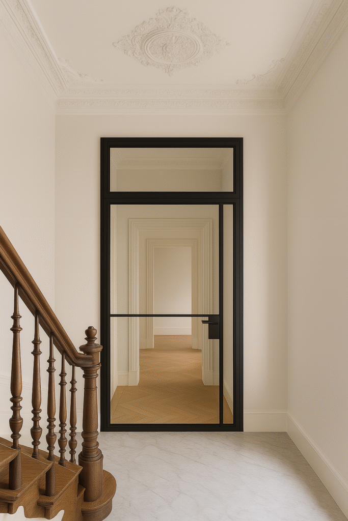 Altbau mit Stuckdecken und Lofttür im treppenhaus